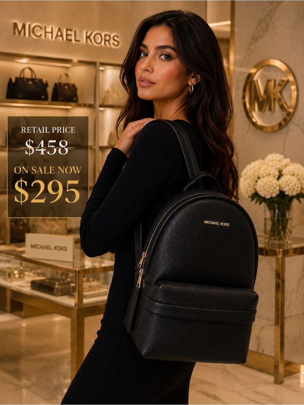 Michael Kors Black Leather Pebbled Backpack with Gold Hardware with dust bag